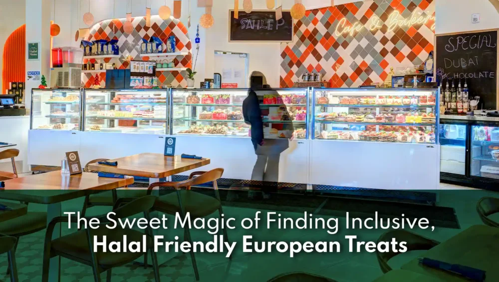 A display of halal-friendly French pastries including croissants and éclairs in a Texas bakery, representing inclusive European desserts with carefully selected ingredients and a warm welcoming atmosphere.