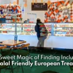 A display of halal-friendly French pastries including croissants and éclairs in a Texas bakery, representing inclusive European desserts with carefully selected ingredients and a warm welcoming atmosphere.