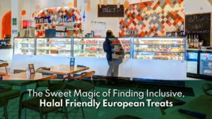 A display of halal-friendly French pastries including croissants and éclairs in a Texas bakery, representing inclusive European desserts with carefully selected ingredients and a warm welcoming atmosphere.