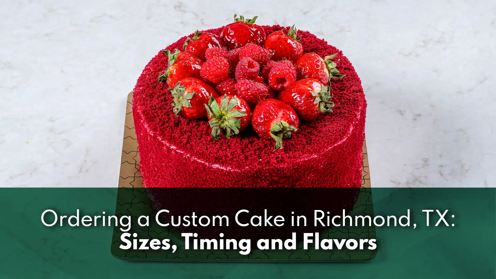 Custom cake in Richmond TX, a red velvet crumb cake topped with fresh strawberries and raspberries