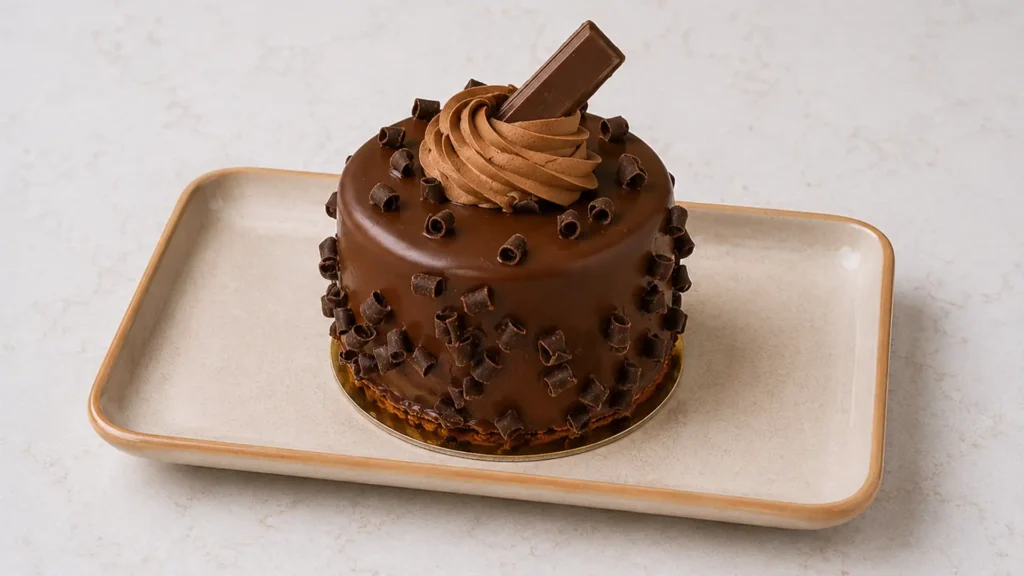 Mini chocolate cake with glossy ganache, chocolate curls, a piped chocolate buttercream swirl and a chocolate bar on a ceramic tray