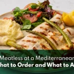 Eating Meatless at a Mediterranean Table guide cover with grilled fish, mashed potatoes, fresh green salad and lemon